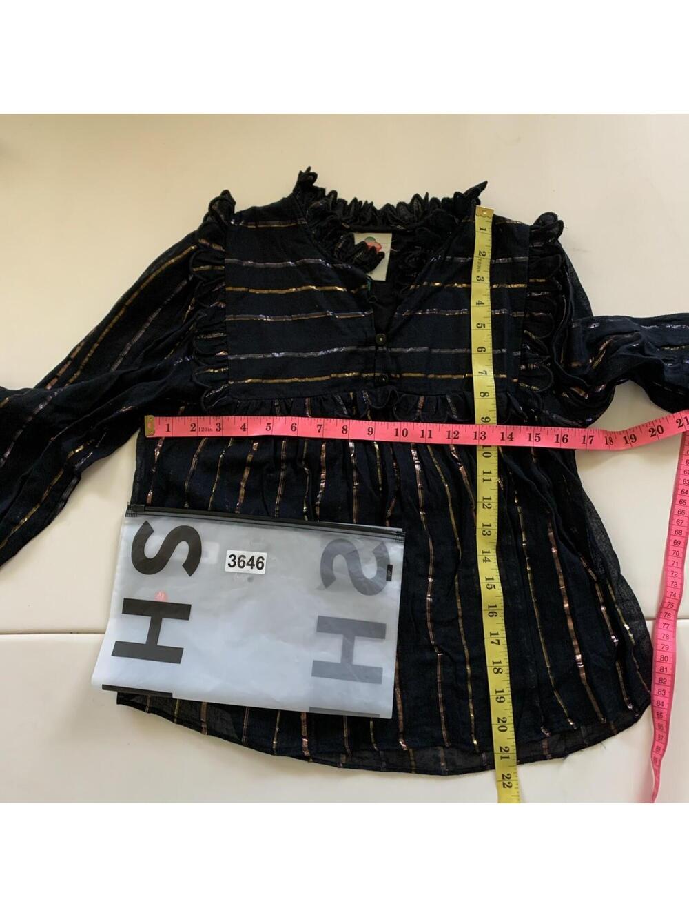 Farm Rio Top Blouse Long sleeve Stripe Ruffle Black Cotton Sz S - Picture 6 of 6